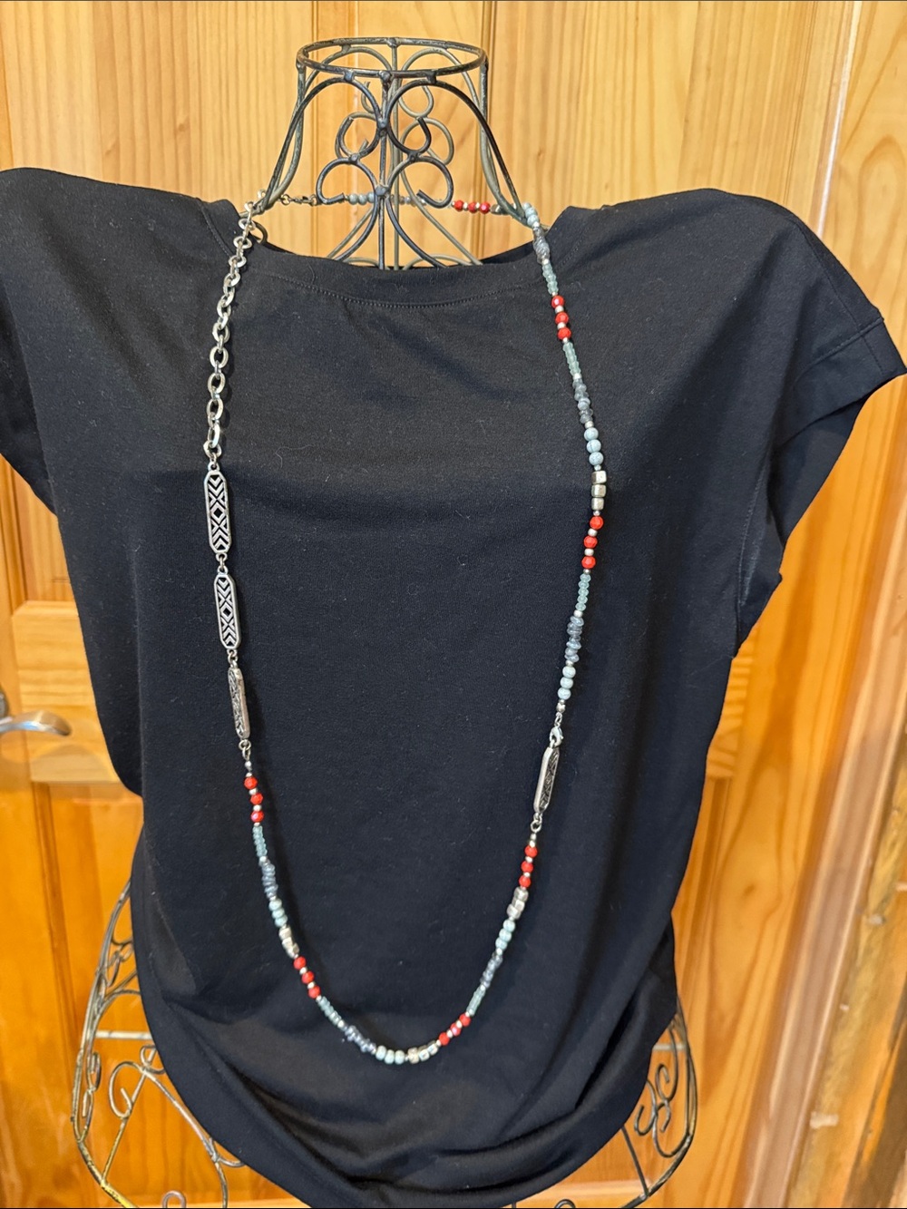 Lia Sophia Red and Turquoise Beaded Long Necklace with Silver Accents